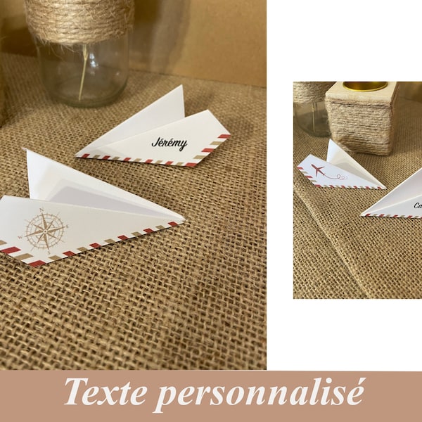 Marque place origami avion pour mariage thème voyage, Bordeaux et beige, décoration de table