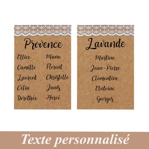 Carte Plan de table pour mariage, baptême, communion, Kraft naturel et dentelle ivoire ou blanche, personnalisable