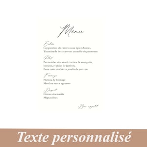 Menu personnalisé pour mariage, champêtre, nature, bapteme, communion, anniversaire, Style calligraphie, papier aquarelle