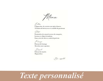 Menu personnalisé pour mariage, champêtre, nature, bapteme, communion, anniversaire, Style calligraphie, papier aquarelle