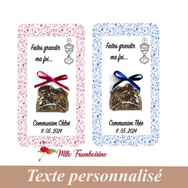 Cadeau invités, cartes graines à semer, pour communion, baptême, mariage, Liberty rose ou bleu