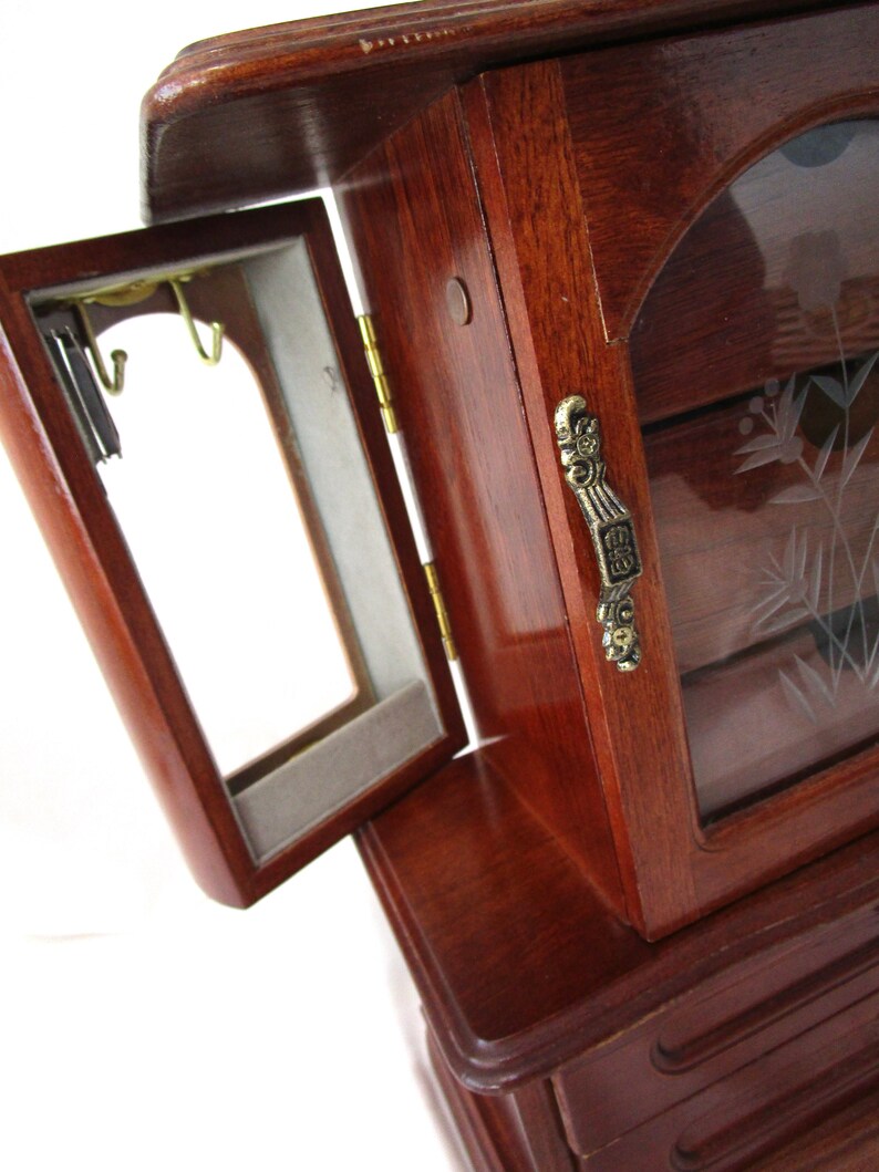 Vintage Jewelry Box Armoire Chest Wood Stained 3 Etched Glass Etsy