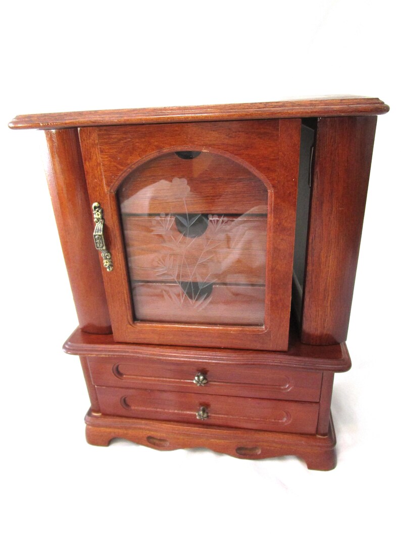 Vintage Jewelry Box Armoire Chest Wood Stained 3 Etched Glass Etsy