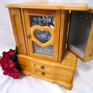 Large Vintage Jewelry Box Armoire Wood Stained Floral Etched Glass Door 2 Drawers Carved Heart Gray Velvet Hooks Mirror Rings