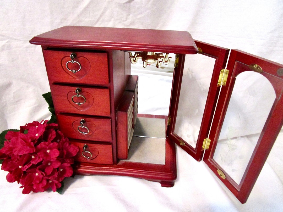 Vintage Jewelry Box Armoire Chest Stained Wood Floral Etched Etsy