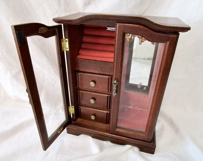 Large Vintage Jewelry Box MELE Armoire Chest Wood Stained 2 Floral