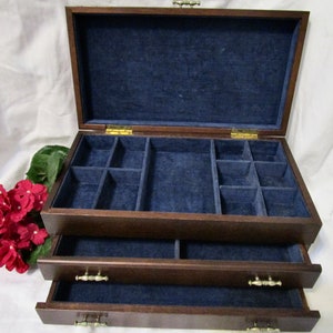 Large Vintage Jewelry Box Chest Wood Stained LID 2 Drawer Blue Corduroy Pouch Hooks Rings