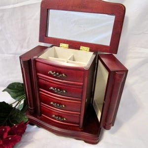 Vintage Jewelry Box Armoire Chest Wood Stained Croft & Barrow Lid 2 Doors 3 Drawers Beige Velvet Mirror Columns