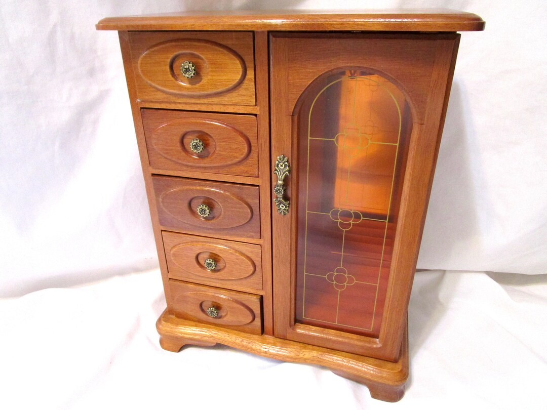 Large Vintage Jewelry Box Armoire Chest Music Box Stained Wood Door 5
