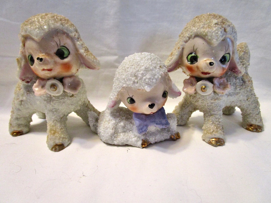 Vintage Easter Lamb Figurine Set 3 Japan Sheep Bells Bow Lot Sugar Etsy