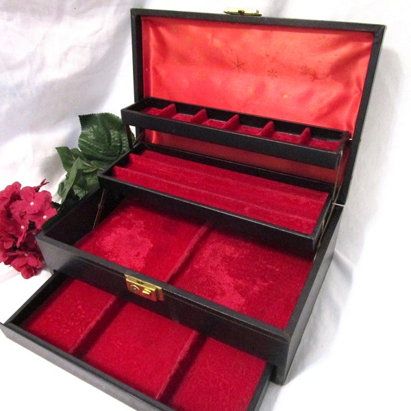 Large Vintage Jewelry Box Chest Faux Black Leather Vinyl Gold Detail Red Velvet Satin Lid Drawer 4T Tray
