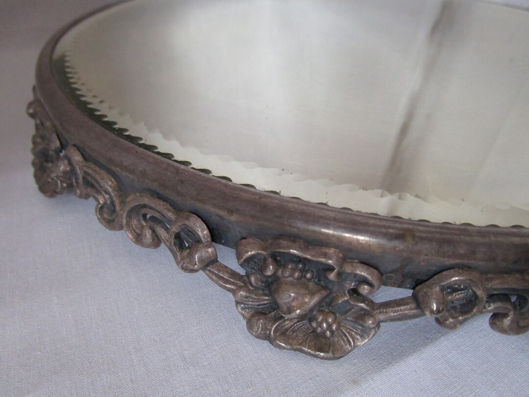 Vintage Vanity Mirror Antique Dresser Tray Round Beveled Glass Etsy