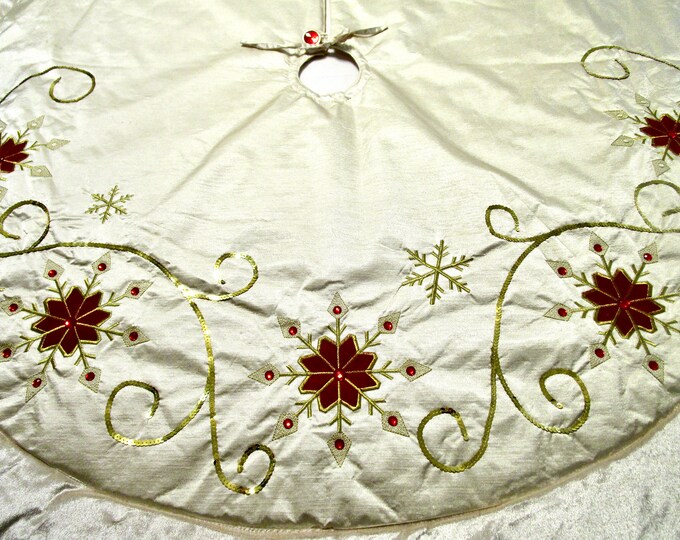 Large Vintage Tree Skirt Christmas Jeweled Sequins Velvet Satin
