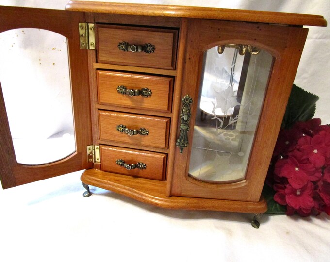Vintage Jewelry Box Armoire Chest 4 Metal Feet Stained Wood 2 Etched
