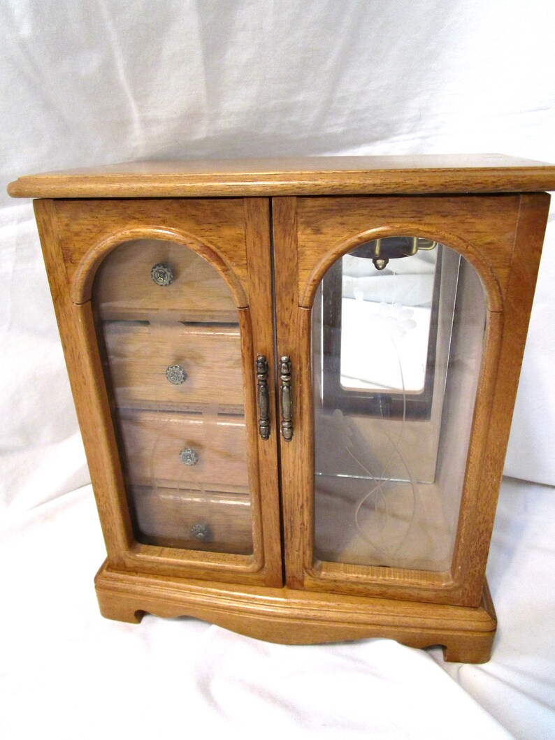 Vintage Jewelry Box Armoire Chest Stained Wood 2 Etched Glass Etsy
