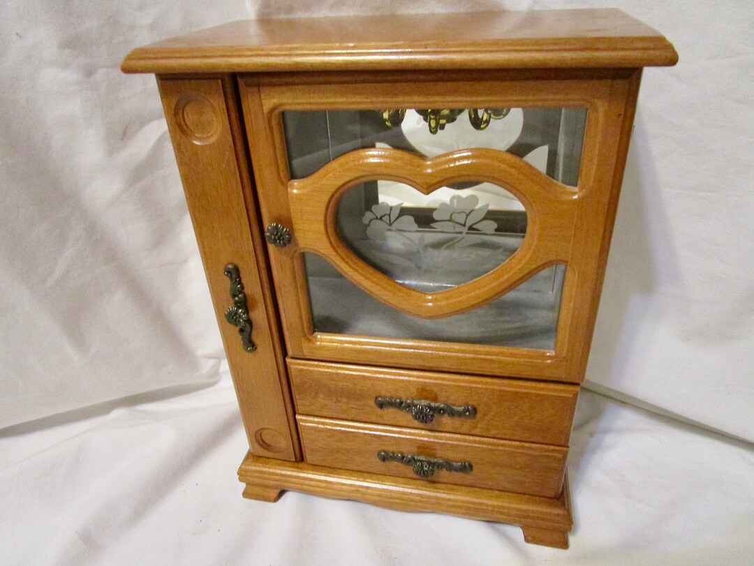 Large Vintage Jewelry Box Armoire Wood Stained Floral Etched Etsy