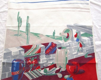 Vintage Kitchen Towel Wilendur Label Mexican Theme Pottery Cacti Print