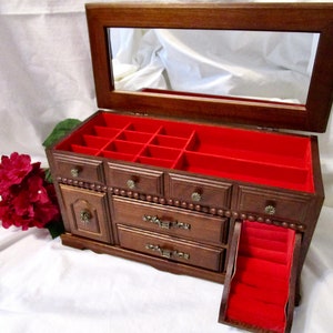 Large Vintage Jewelry Box Chest Wood Stained Valet Lid 6 Drawer 2 Drawer Red Velvet Mirror Rings Hooks