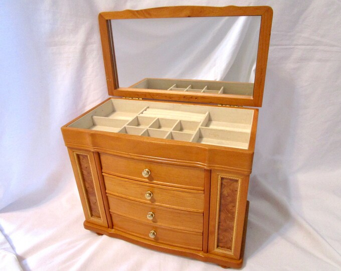 Large Vintage Jewelry Box MELE Armoire Chest Lid 2 Doors Burl Wood