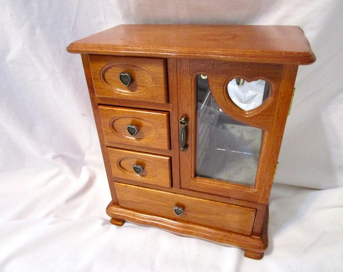 Vintage Jewelry Box Armoire Chest Stained Wood Etched Glass Door 4