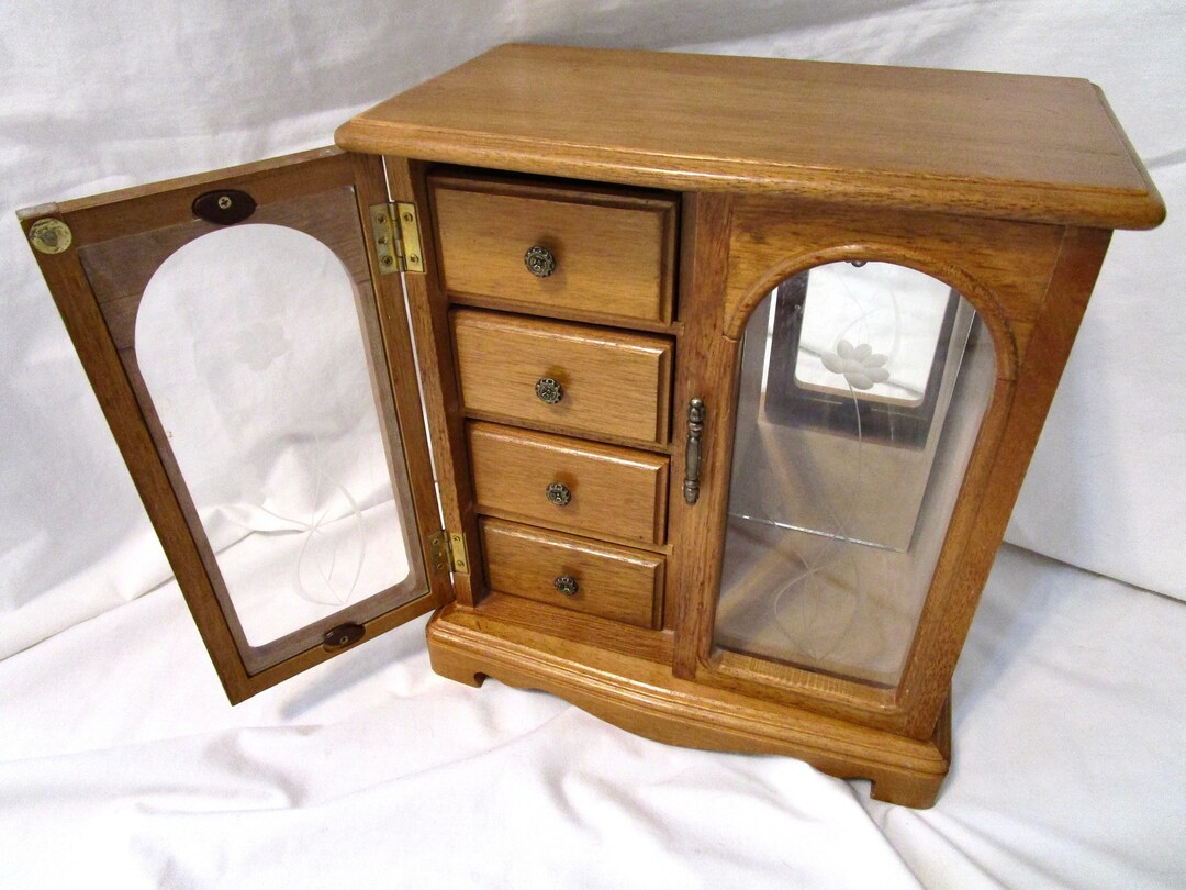Vintage Jewelry Box Armoire Chest Stained Wood 2 Etched Glass Etsy