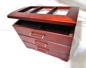 Vintage Jewelry Box Chest 3 Photo Frame Wood Stained 2 Drawer Picture Glass Cover Black Velvet Mirror Rings