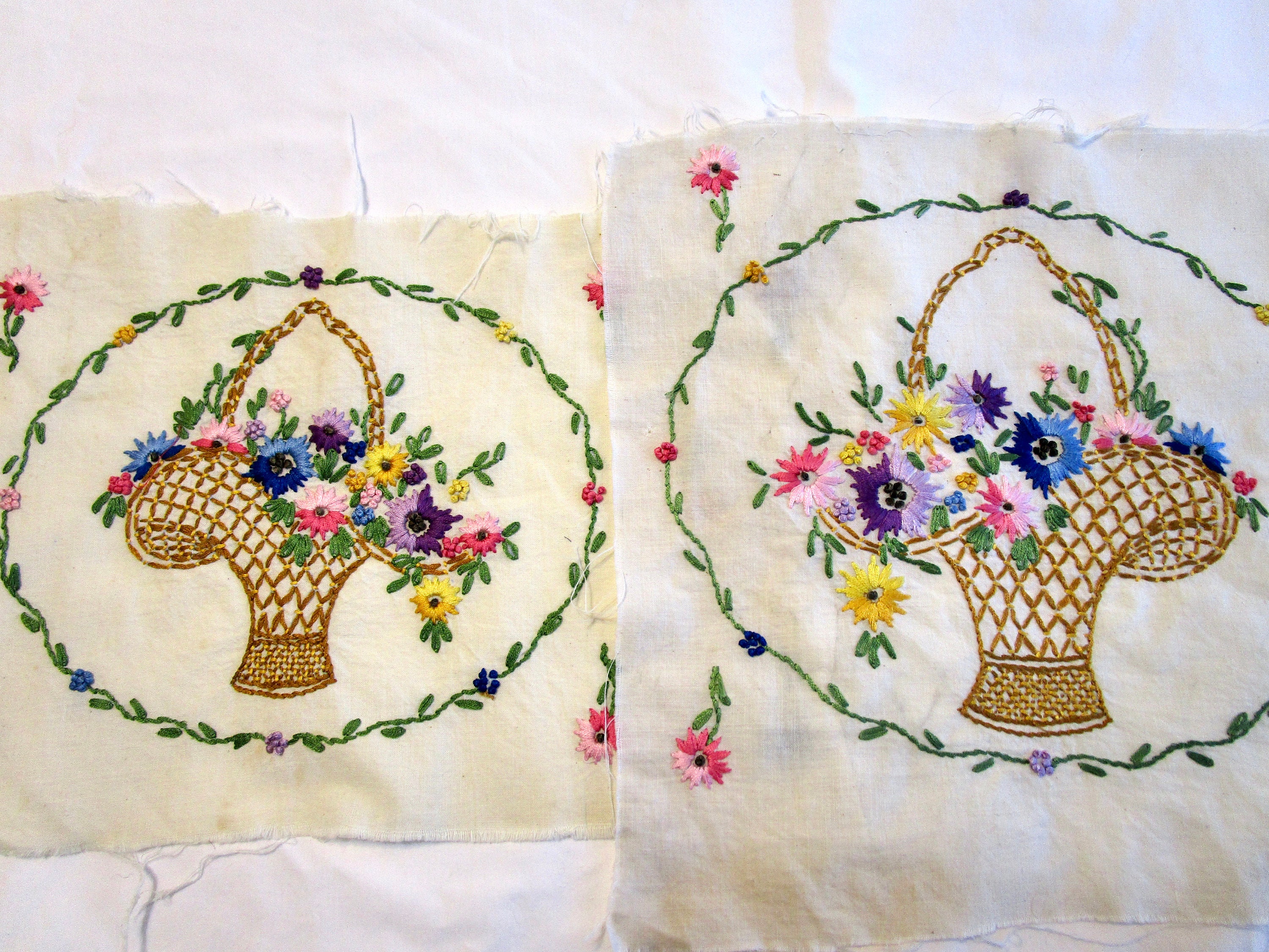 2 Vintage Quilt Squares Hand Embroidered Basket of Flowers Etsy