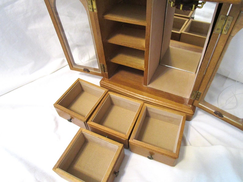 Vintage Jewelry Box Armoire Chest Stained Wood 2 Etched Glass Etsy