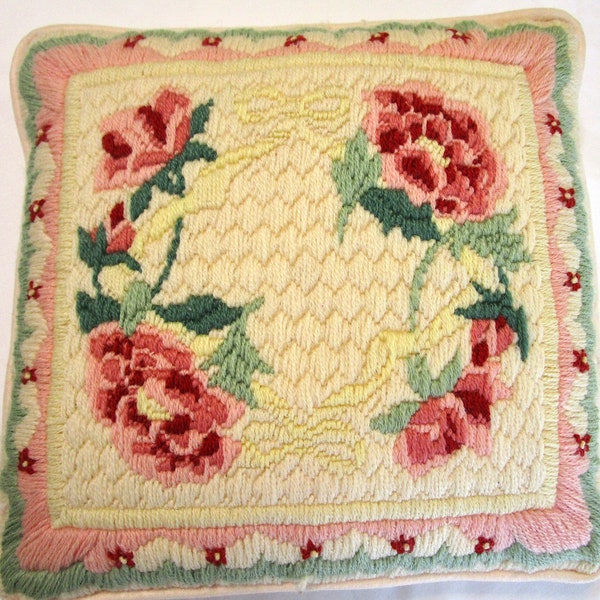 Vintage Crewel Embroidered  Pillow Accent Toss Roses Floral Flowers Ribbon Bow w/ insert red pink beige yellow green Shabby Chic