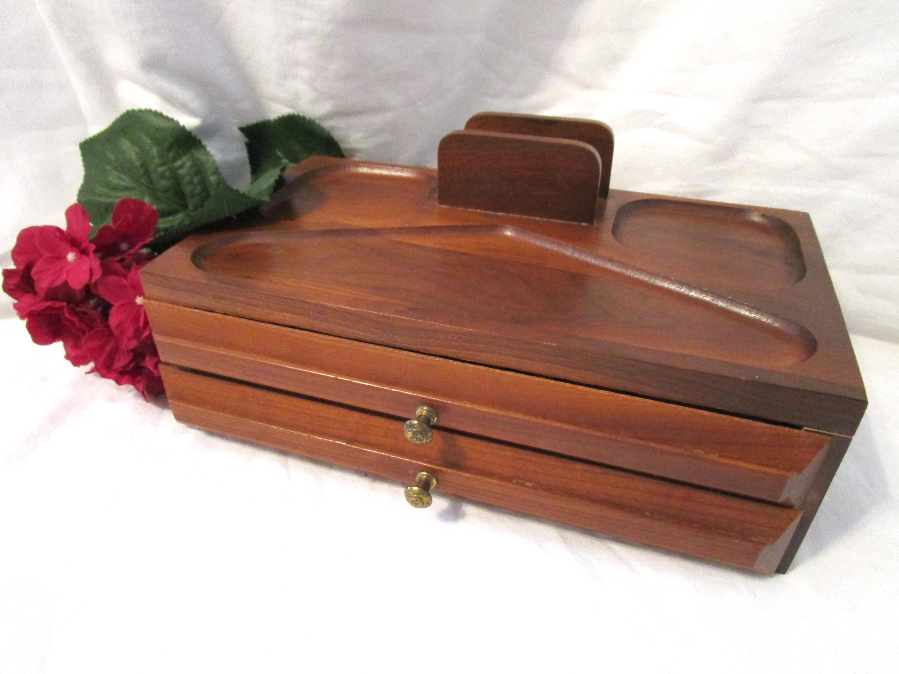 Vintage Jewelry Box Mens Valet MCM CLASSIC Stained Wood Red Velvet 2 Drawer - Top For Wallet, Coins, Keys