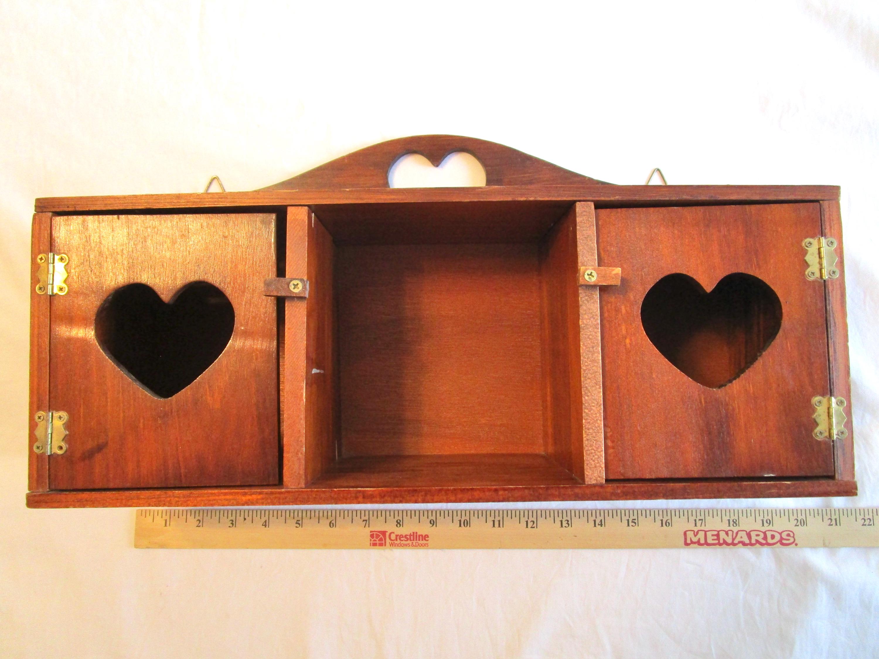 Vintage Shelf Wood Large Heart 18.5" Wide Nick Nacks Wall Hanging 2 Doors Country Shabby Farm Rustic