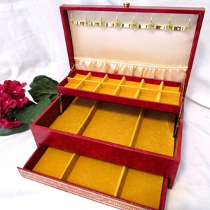 Large Vintage Jewelry Box Chest Faux Red Leather Vinyl Gold Velvet Satin Lid Drawer Tray Hooks Pouch Gold Detail