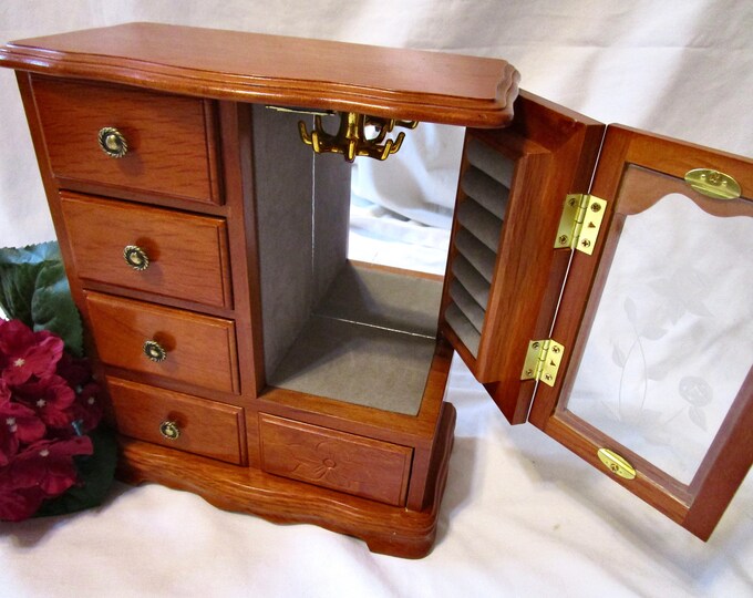 Vintage Jewelry Box Armoire Chest Carved Flowers Stained Wood Etched