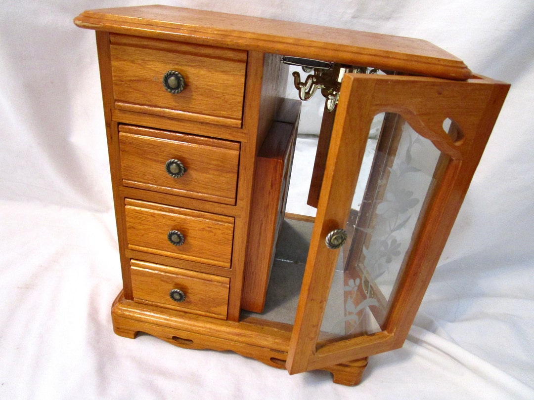 Vintage Jewelry Box Armoire Chest Stained Wood Daisy Etched Etsy