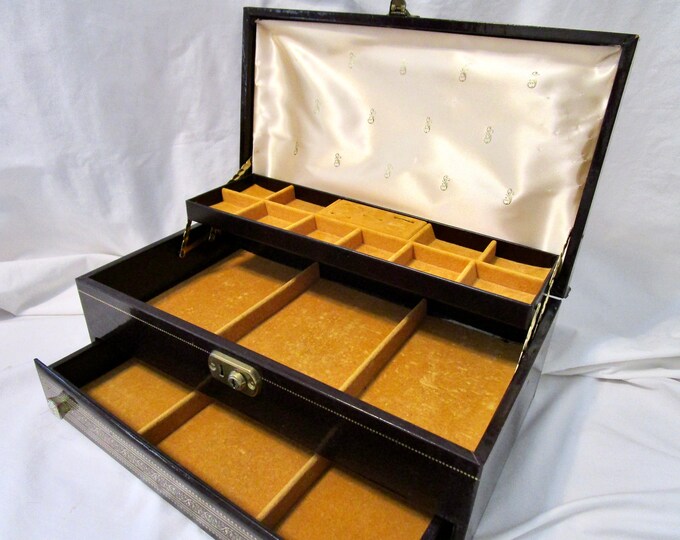 Large Vintage Jewelry Box Chest MELE 3 Tier Faux Brown Leather Vinyl