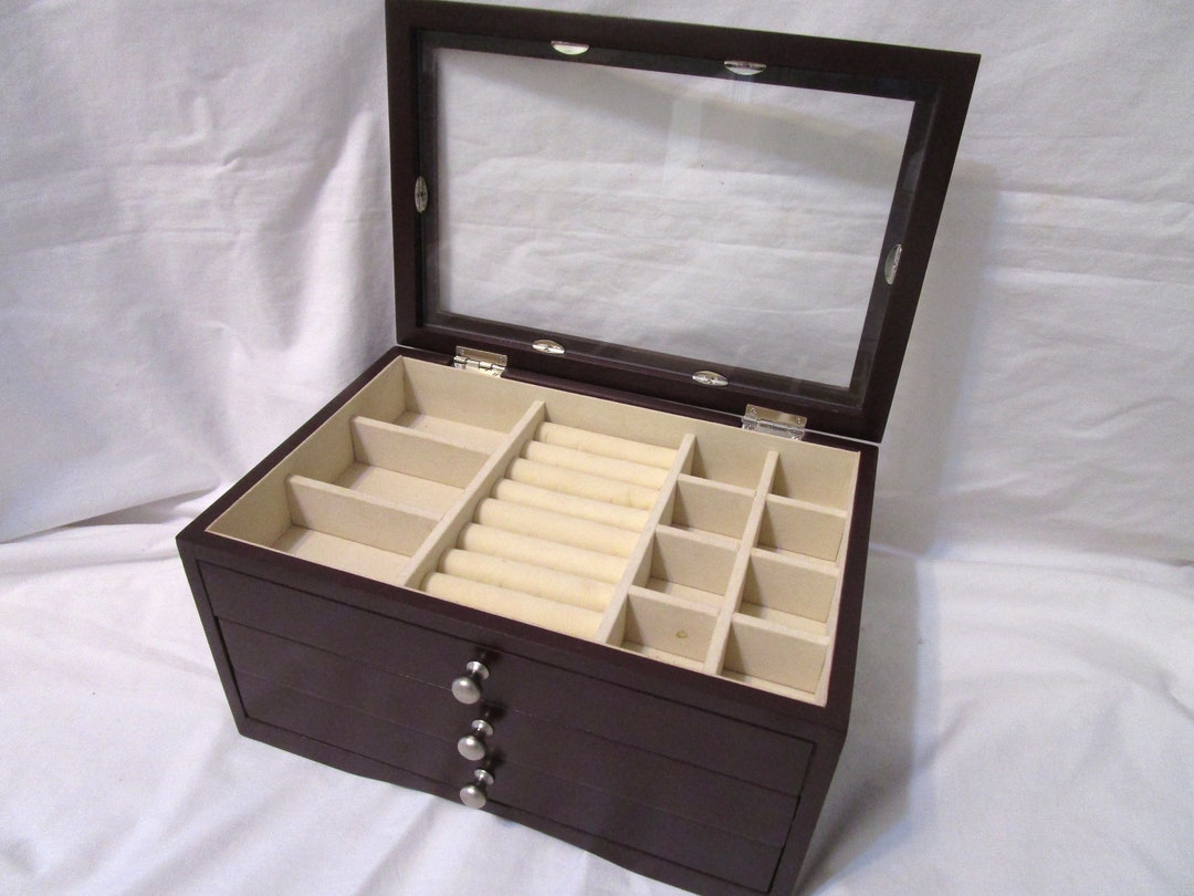 Large Vintage Jewelry Box Chest Wood Stained Clear Glass LID 2 Etsy