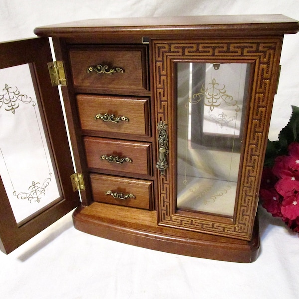 Vintage Jewelry Box Armoire Chest Stained Wood 2 Doors 4 Drawers Beige Velvet Mirror Hooks