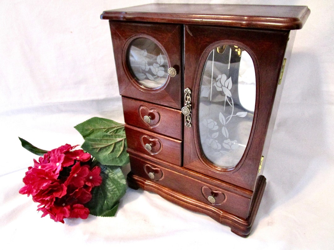 Large Vintage Jewelry Box Armoire Wood Stained 2 Floral Etched Glass