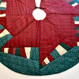 May include: A circular quilted tree skirt featuring a central deep red fabric with a small floral pattern. The border consists of alternating triangular segments in dark teal, cream with thin stripes, and dark red with a grid pattern.