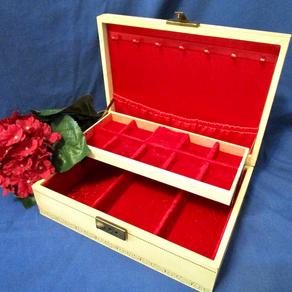 Large Vintage Jewelry Box Chest MELE Faux Cream Leather Vinyl Gold Detail Red Velvet Satin Lid Tray Hooks PouchRings