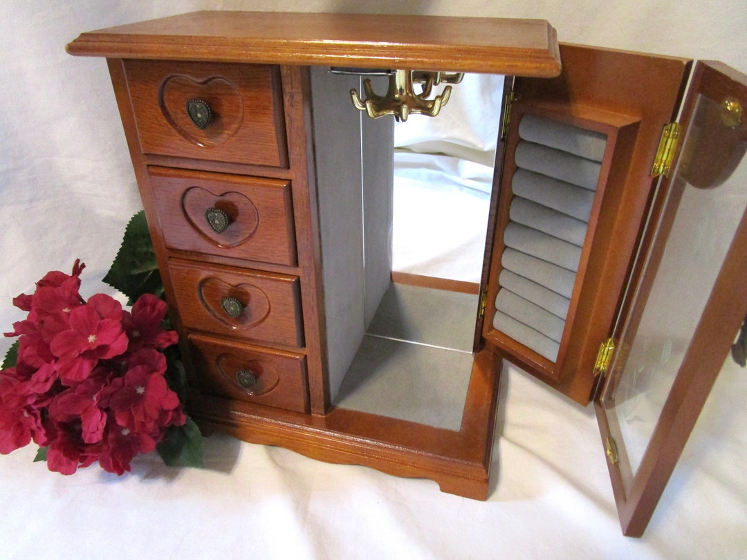 Vintage Jewelry Box Armoire Chest Stained Wood Floral Etched Etsy