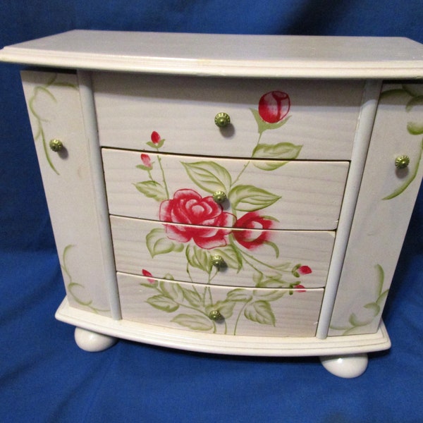 Large Vintage Jewelry Box Armoire Chest Rose Painted Lid Milk Wood  2 Doors 3 Drawers Pink Velvet Hooks Rings Feet