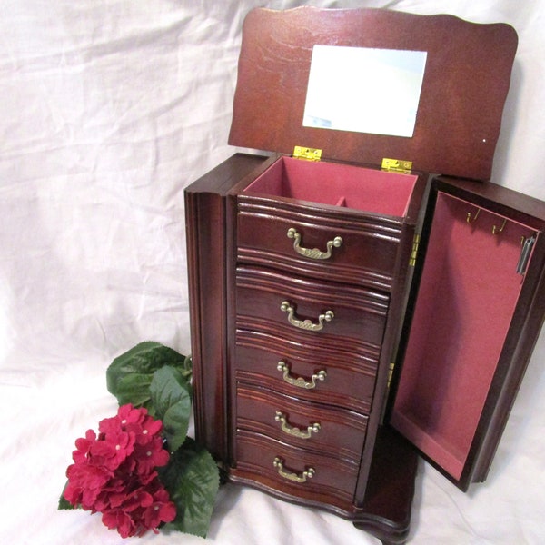 Vintage Tall Large Jewelry Box Armoire Chest Wood Stained Lid 2 Doors 4 Drawers Pink Velvet Mirror Hooks