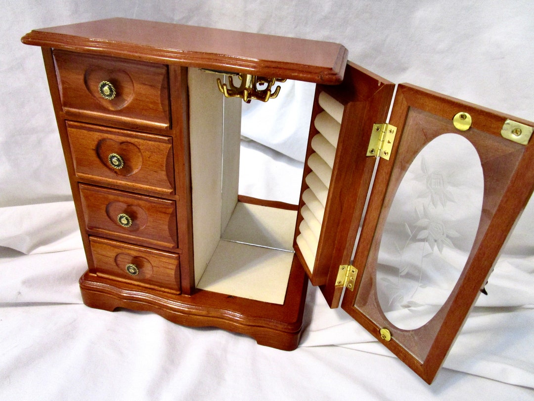 Vintage Jewelry Box Armoire Chest Stained Wood Rose Etched Etsy