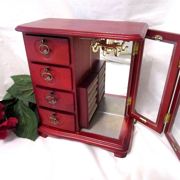 Vintage Jewelry Box Armoire Chest Stained Wood Floral Etched Glass Door 4 Drawers Carved Hearts Gray Velvet Mirror Hooks Rings