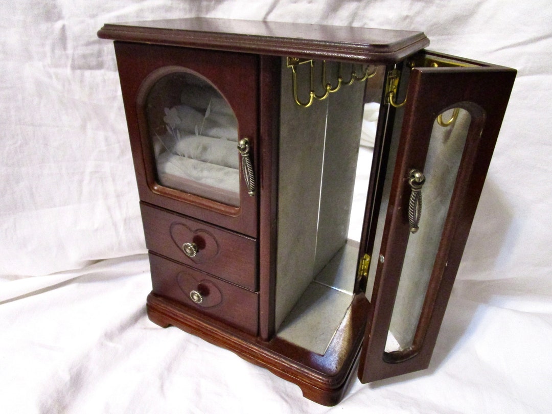 Large Vintage Jewelry Box Armoire Wood Stained 2 Floral Etsy