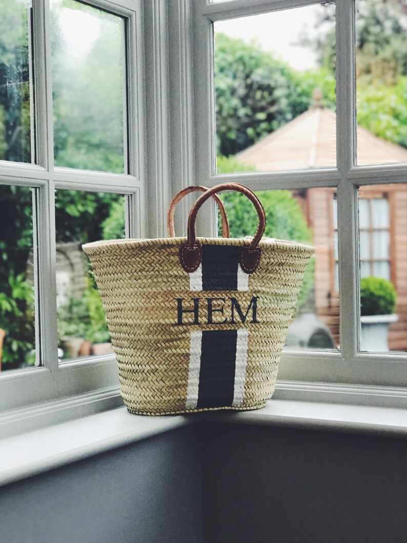 Personalised French basket, Beach bag, Monogram, Palm bag, Stripe, Initials 