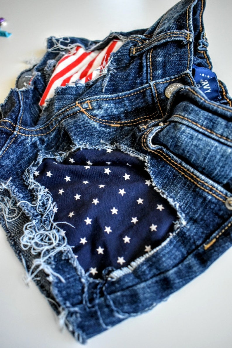 Navy stars and red white stripes fourth of July independence day bottoms Patriotic flag patched distressed denim shorts for girls