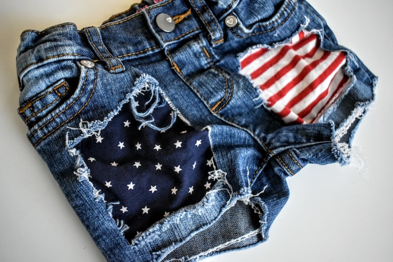 Navy stars and red white stripes fourth of July independence day bottoms Patriotic flag patched distressed denim shorts for girls