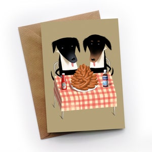 Dogs Dinner on Sausages Grußkarte von Illustrator Simon Cooper
